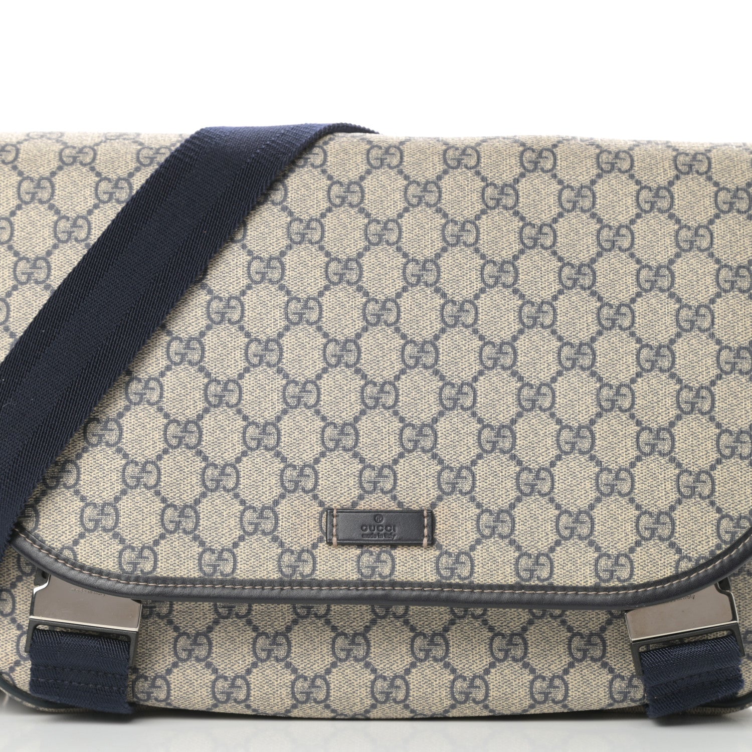 Gucci GG Plus Monogram Medium Double Buckle Flap Messenger Bag Beige Navy 8 of 12