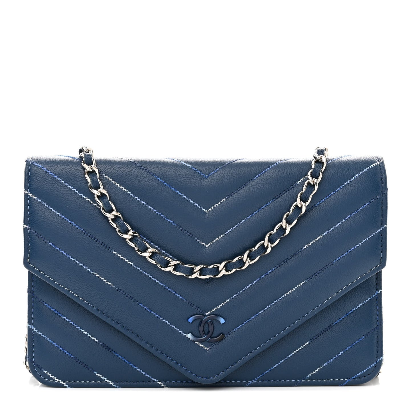 Lambskin Chevron Quilted Stitched Wallet On Chain WOC Blue