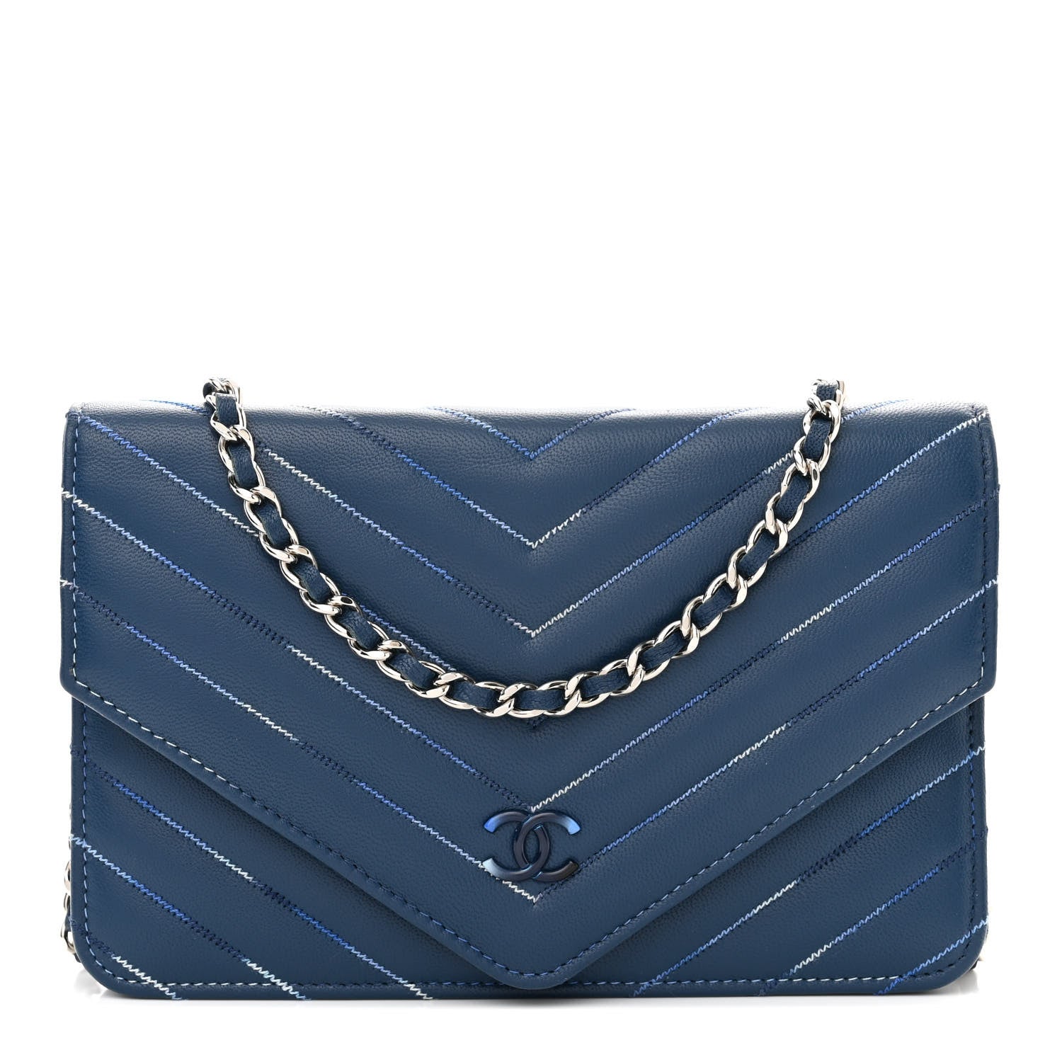 Chanel Lambskin Chevron Quilted Stitched Wallet On Chain WOC Blue 1 of 12
