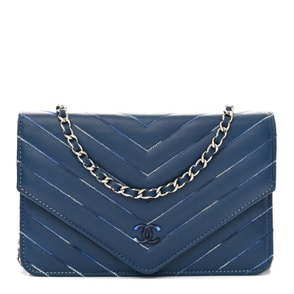 Chanel Lambskin Chevron Quilted Stitched Wallet On Chain WOC Blue 1 of 12