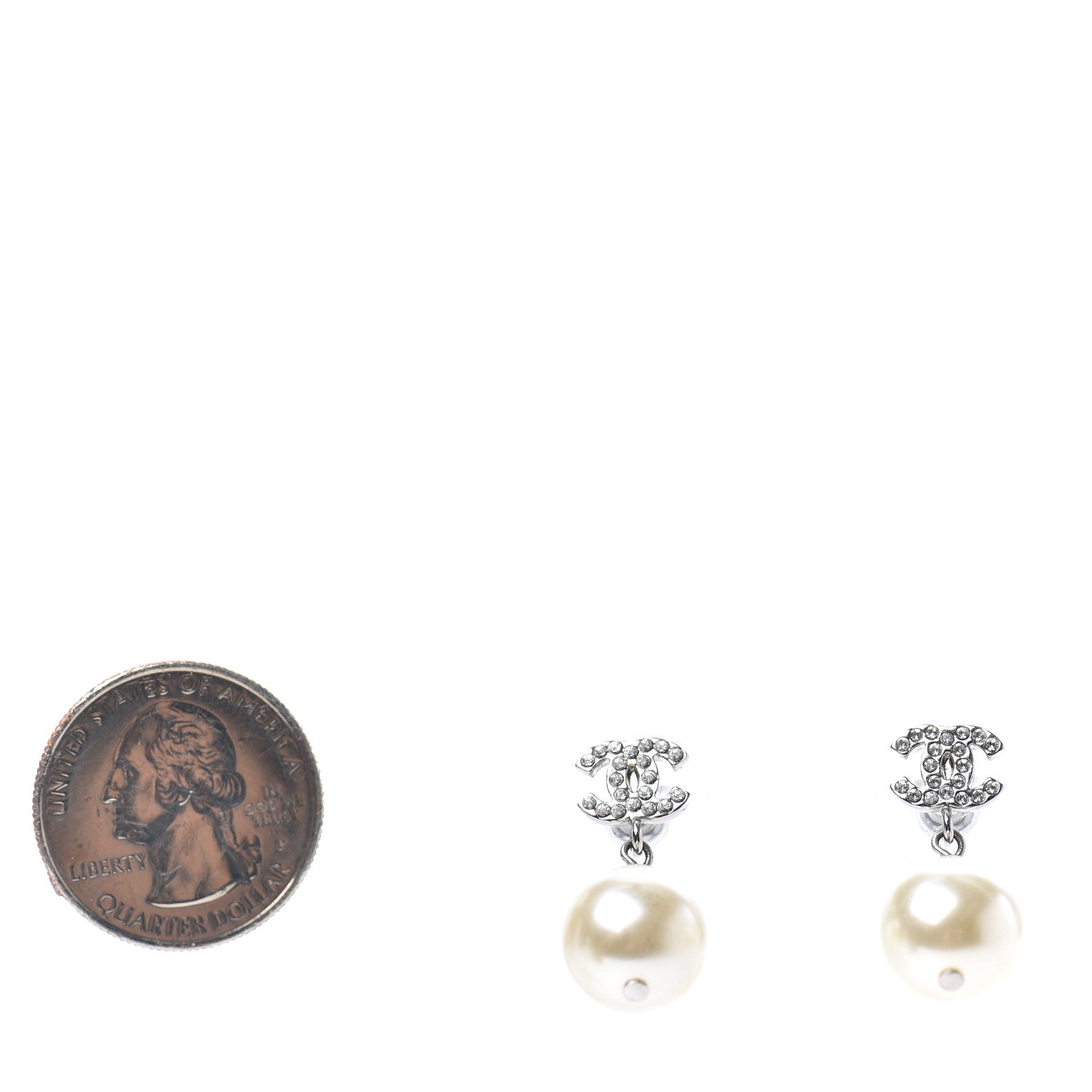 Chanel Crystal Pearl CC Drop Earrings Silver 2 of 4
