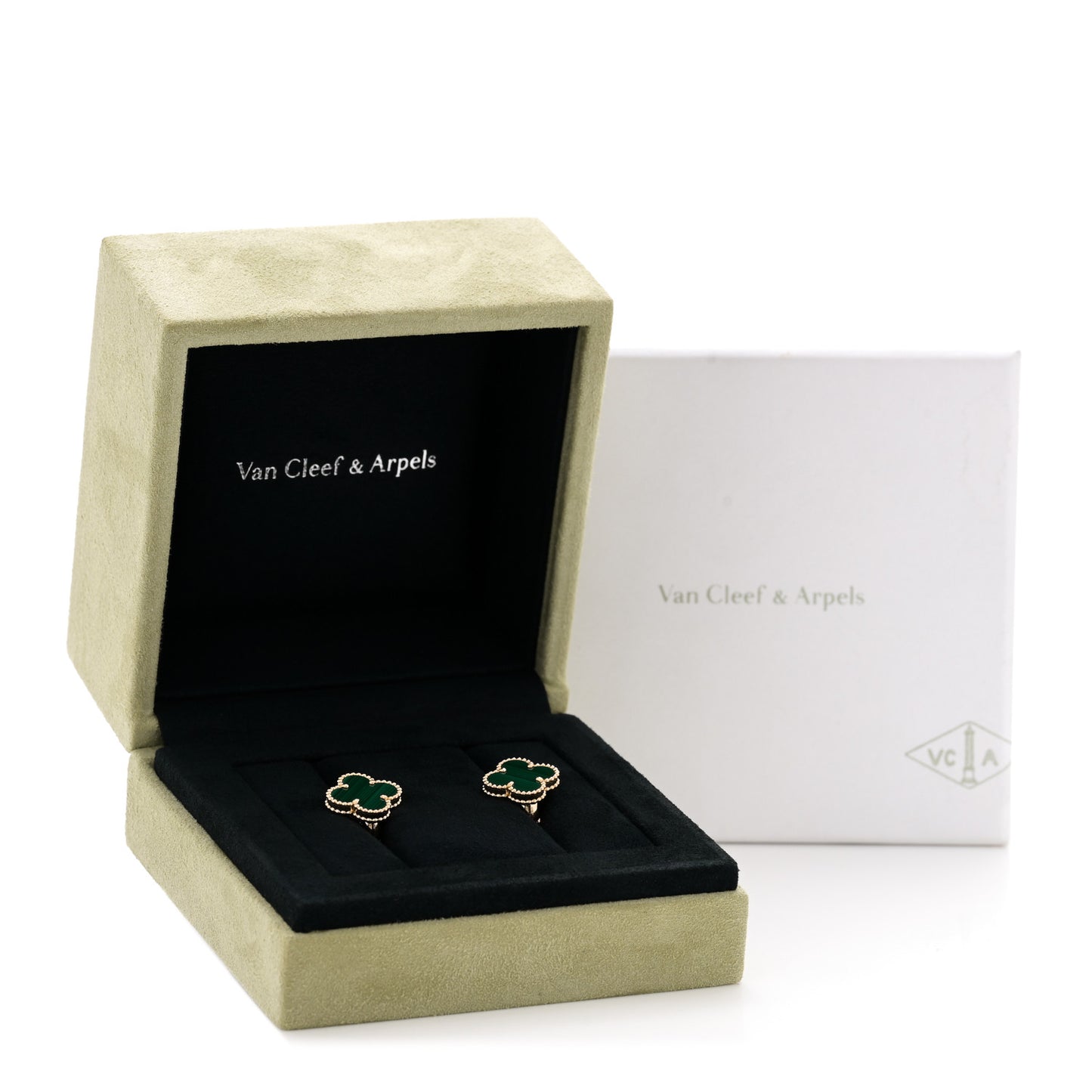 18K Yellow Gold Malachite Vintage Alhambra Earrings