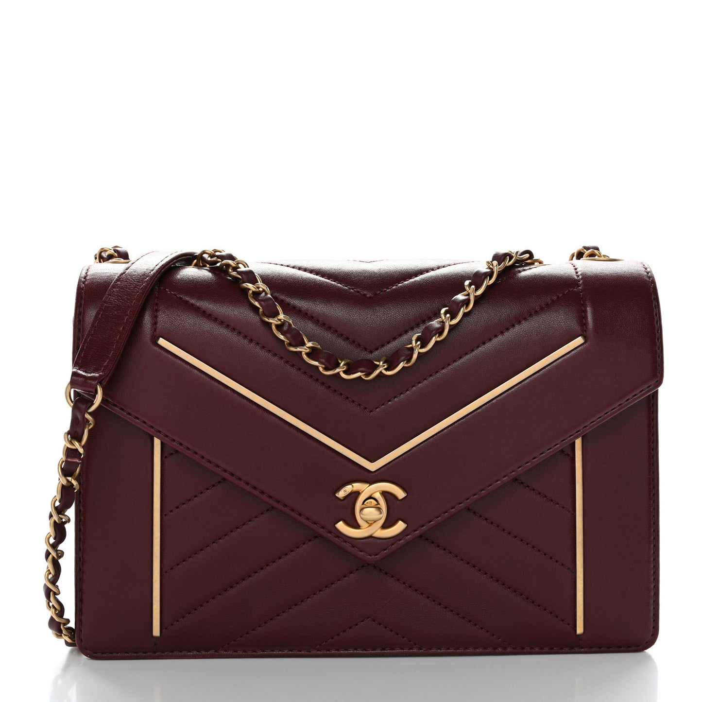 Lambskin Reversed Chevron Quilted Flap Dark Red