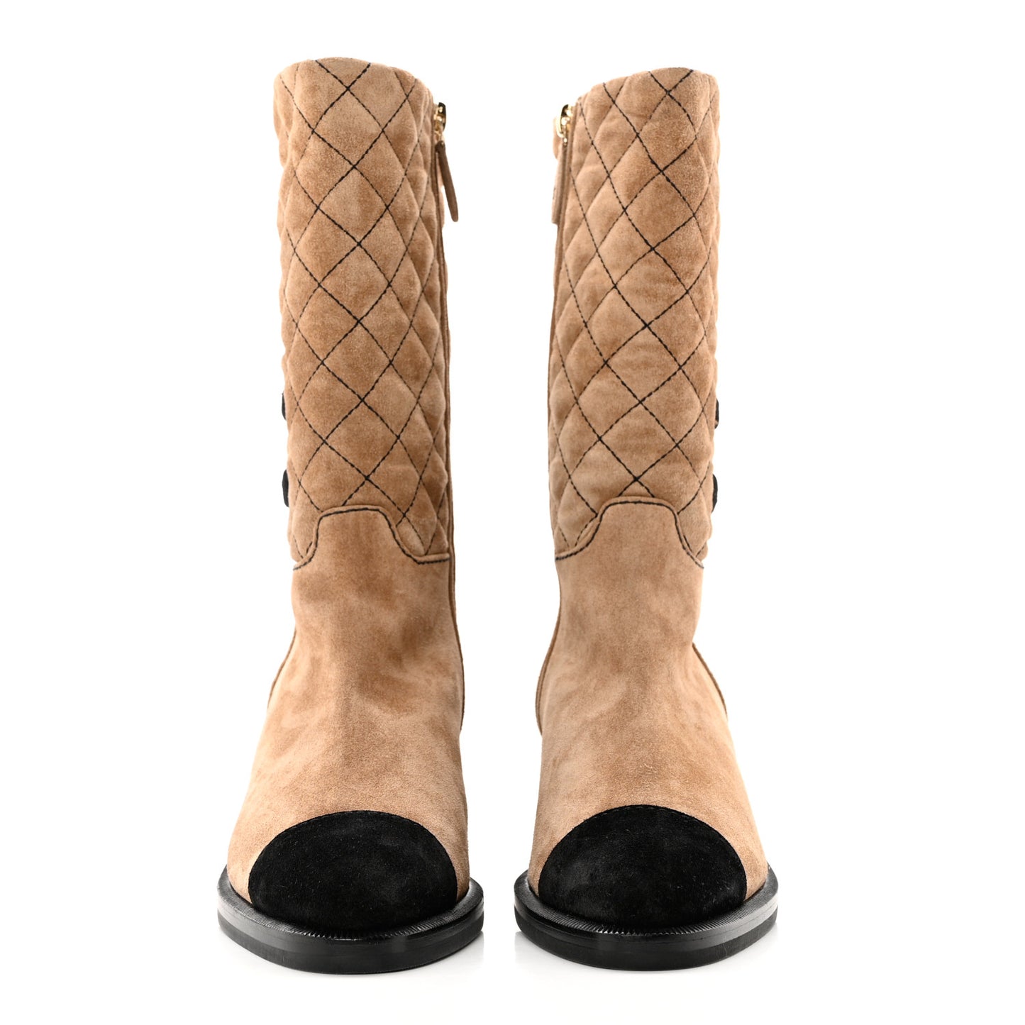 Suede Quilted CC High Boots 35.5 Dark Beige Black