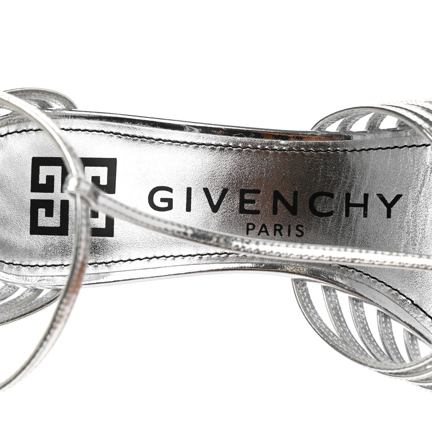 Metallic Calfskin Look Book Cage Sandals 38 Silver