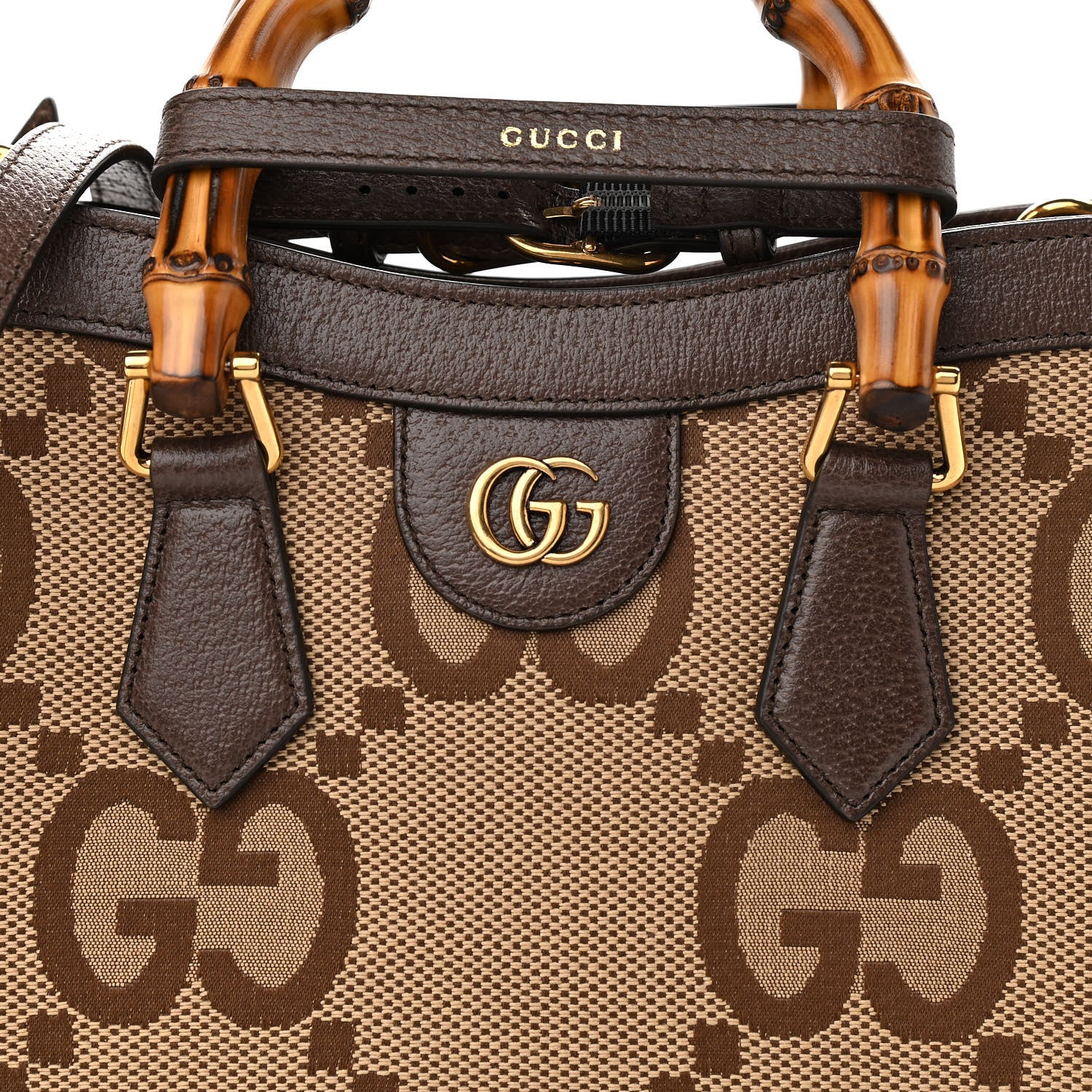 Gucci Monogram Jumbo GG Textured Dollar Calfskin Small Diana Tote Bag Camel Ebony New Acero 8 of 11