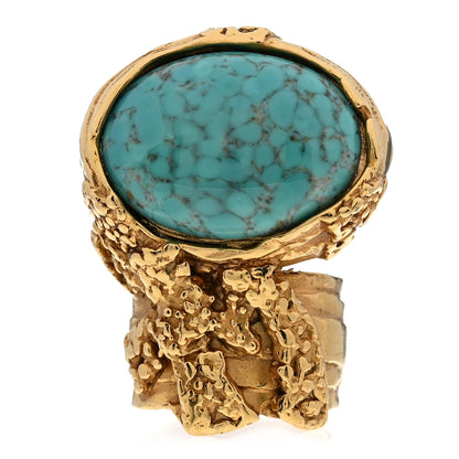 Saint Laurent Glass Cabochon Arty Ovale Ring 7 Gold Turquoise 1 of 4