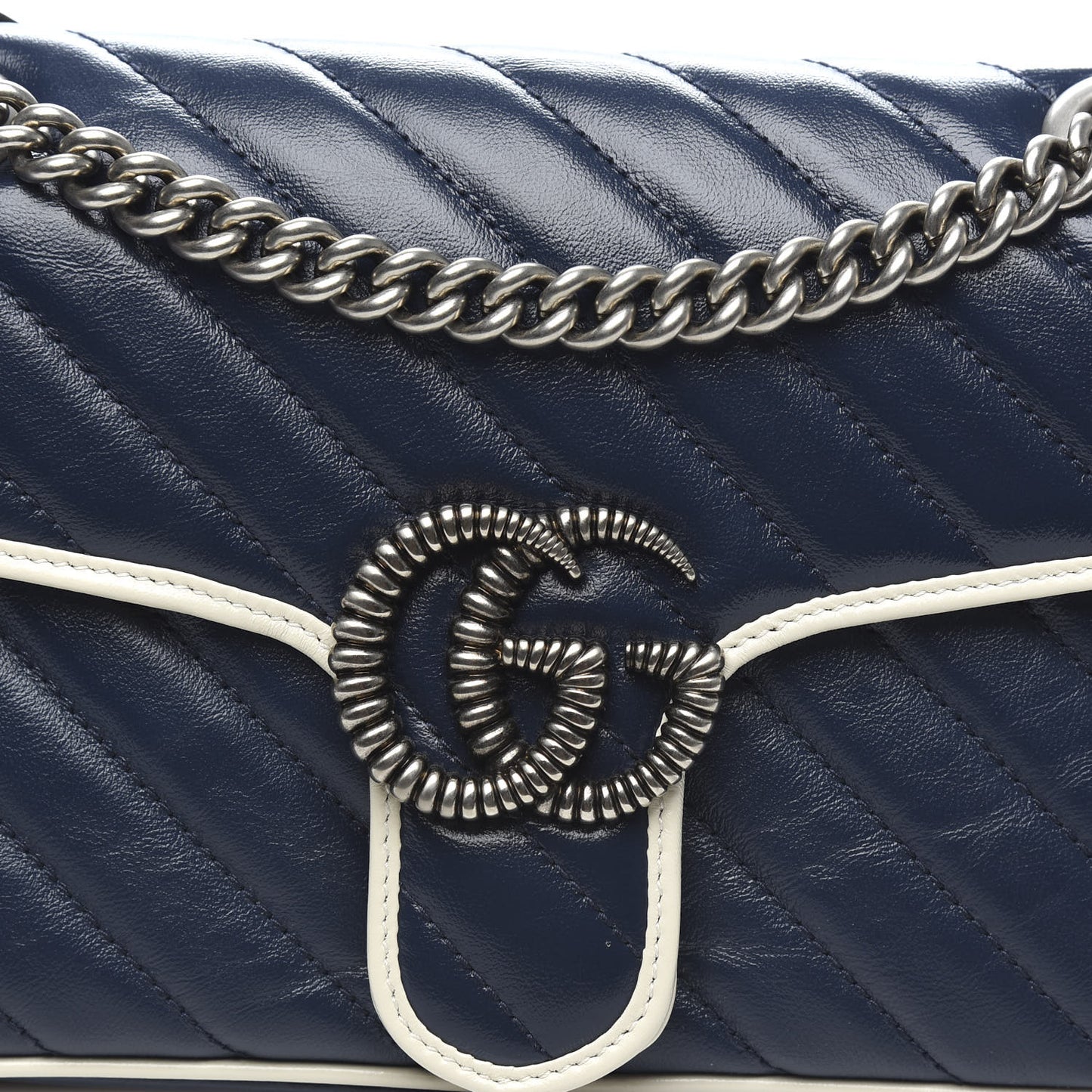 Vintage Effect Calfskin Matelasse Diagonal Small Torchon GG Marmont Shoulder Bag Blue Agata Mystic White