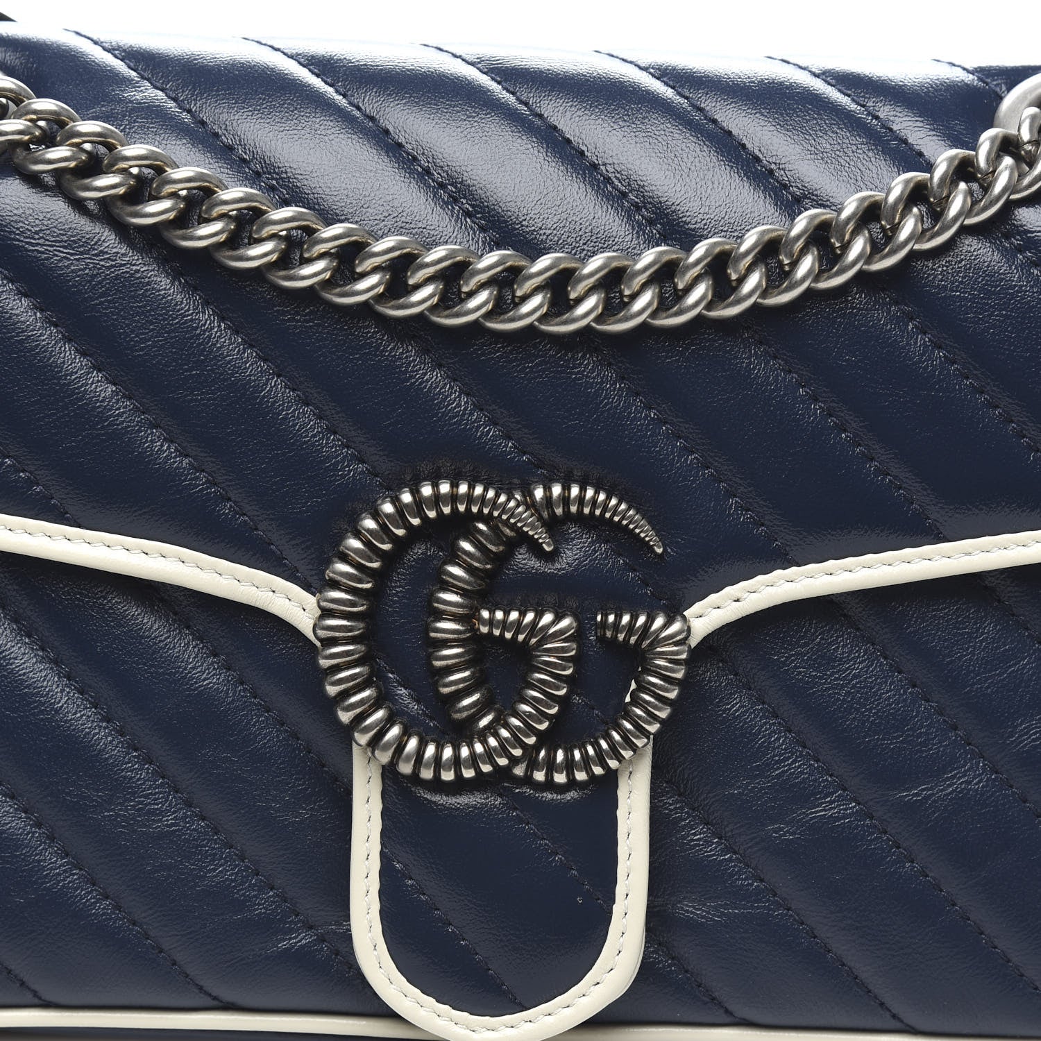 Gucci Vintage Effect Calfskin Matelasse Diagonal Small Torchon GG Marmont Shoulder Bag Blue Agata Mystic White 10 of 10