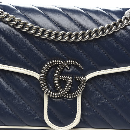 Gucci Vintage Effect Calfskin Matelasse Diagonal Small Torchon GG Marmont Shoulder Bag Blue Agata Mystic White 10 of 10