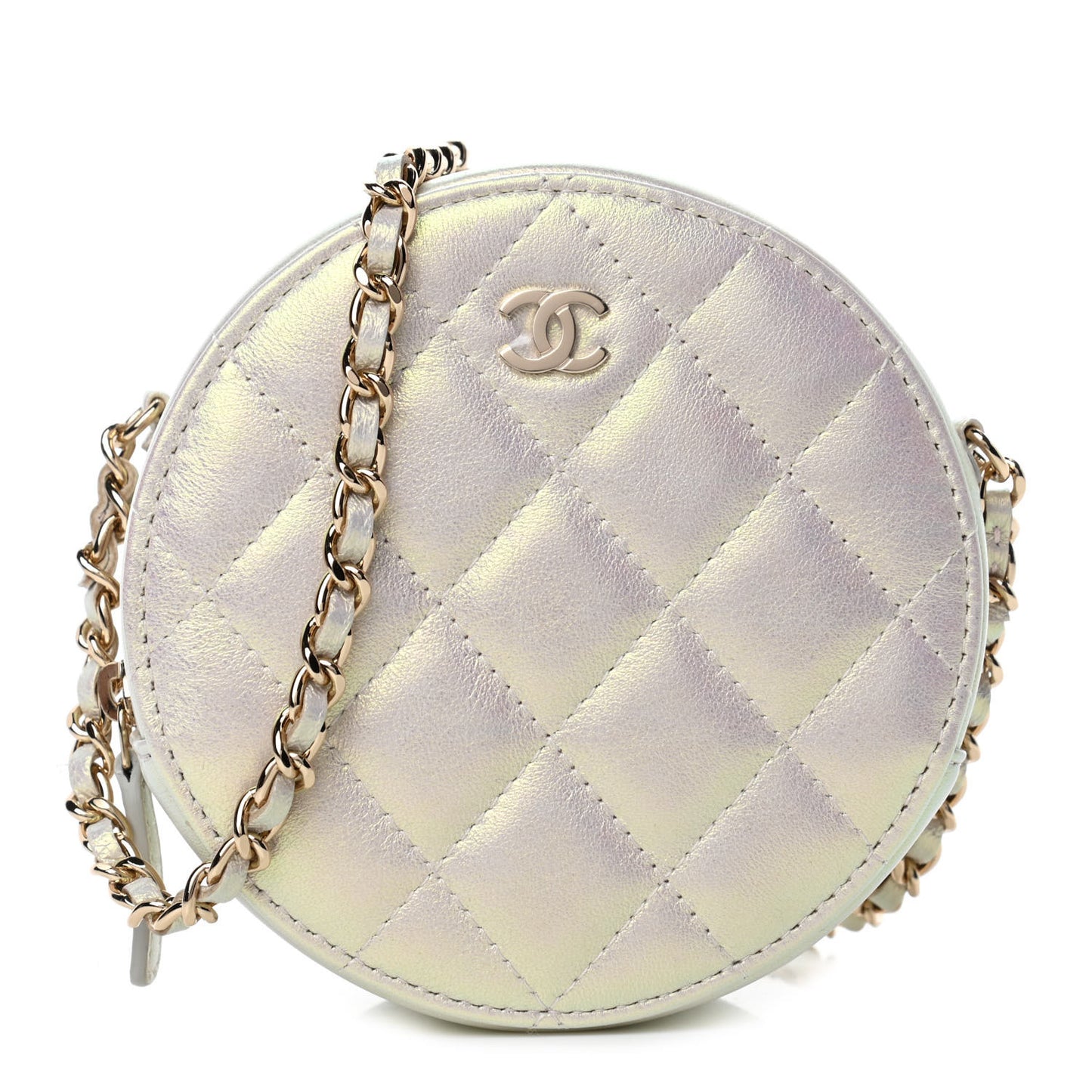 Iridescent Lambskin Quilted Round Clutch With Chain Ivory