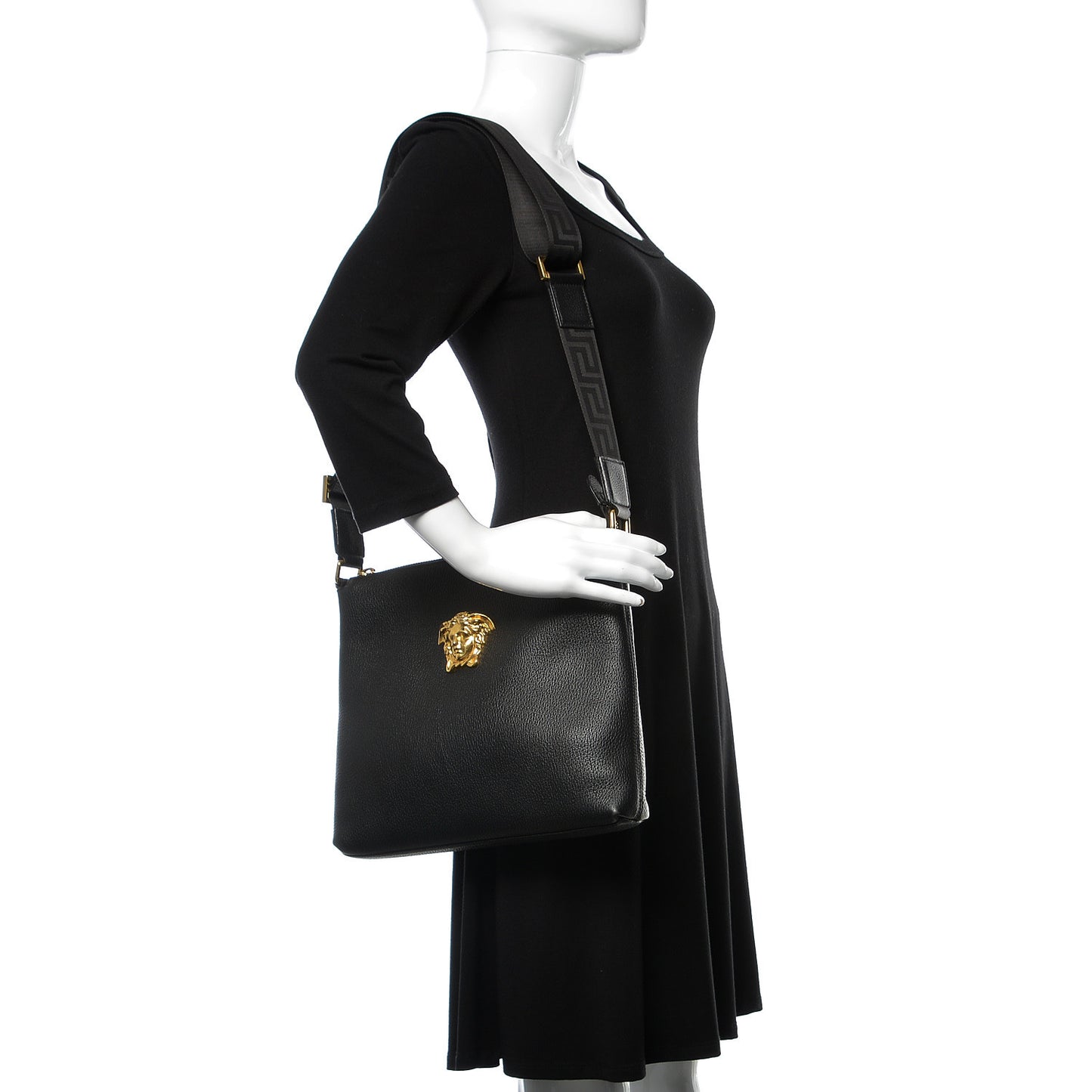Grained Calfskin Medusa Head Messenger Bag Black