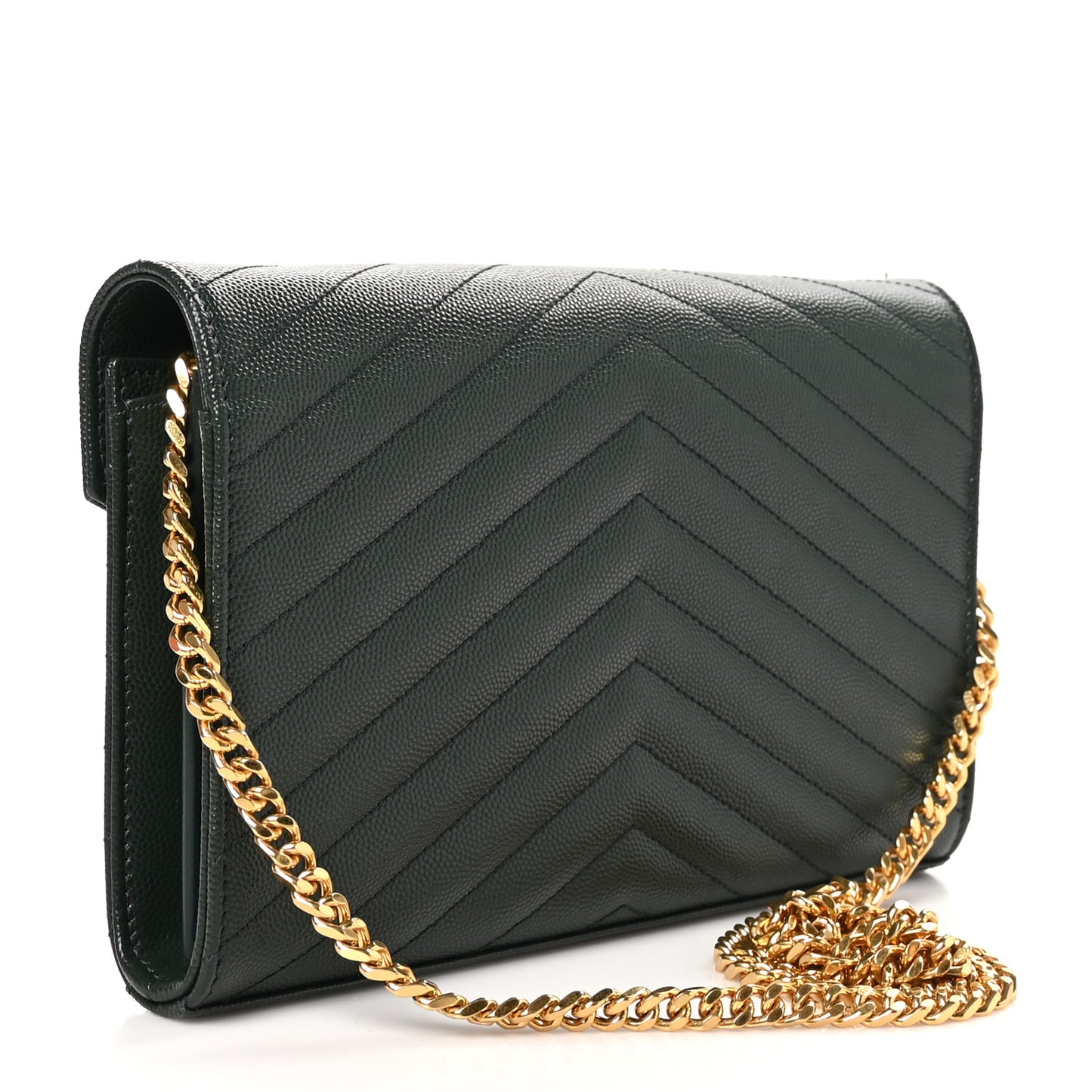 Grain De Poudre Matelasse Chevron Monogram Chain Wallet Vert Fonce
