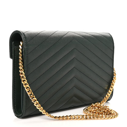 Saint Laurent Grain De Poudre Matelasse Chevron Monogram Chain Wallet Vert Fonce 3 of 11