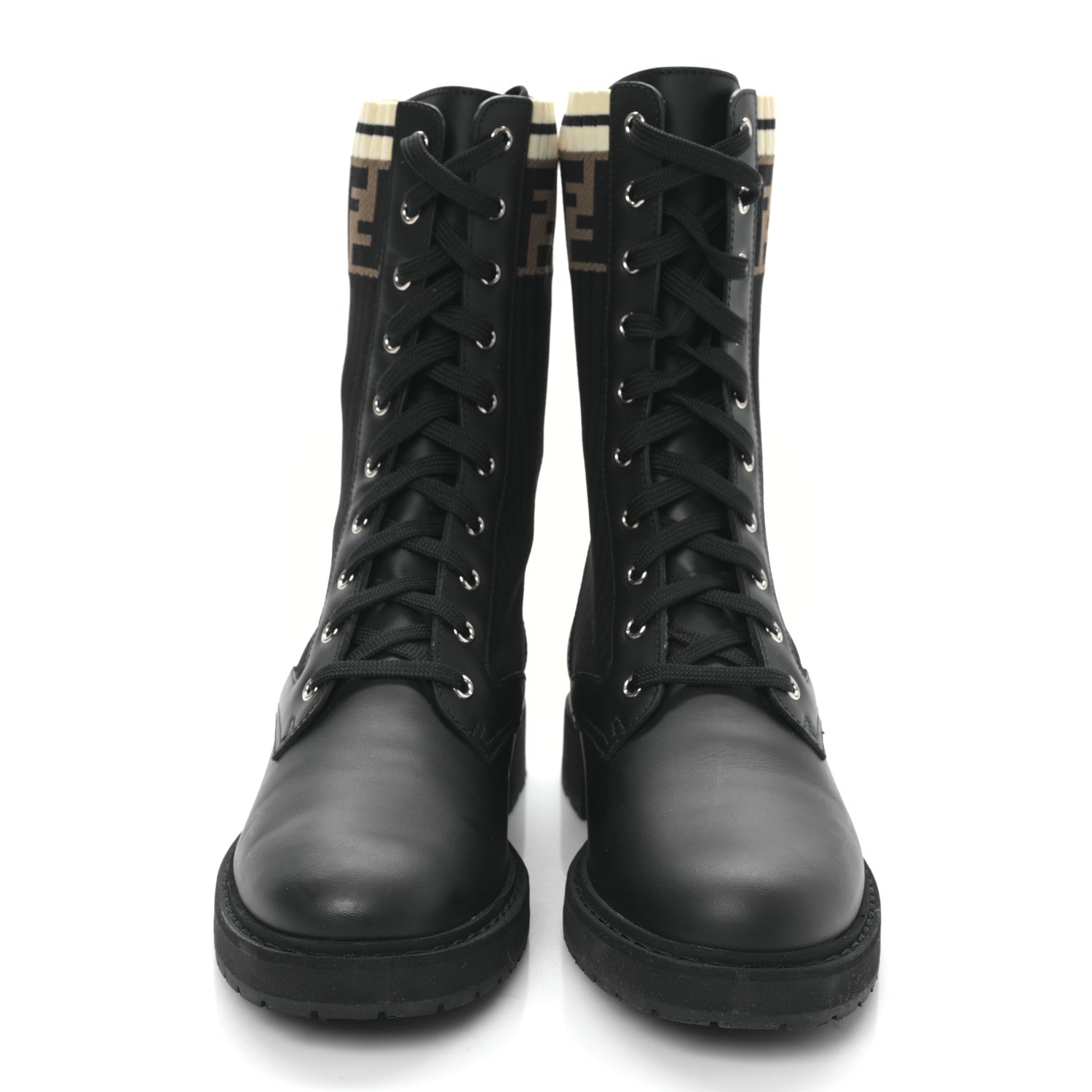 Fendi Calfskin Stretch Fabric Rockoko Biker Boots 41 Tobacco Black Marino 2 of 6