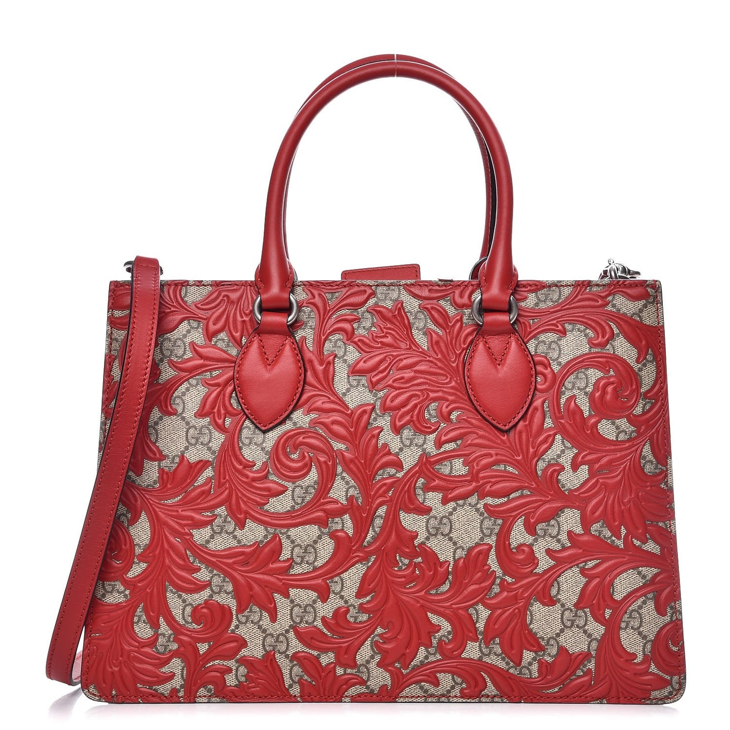 GG Supreme Monogram Arabesque Small Top Handle Bag Beige Hibiscus Red