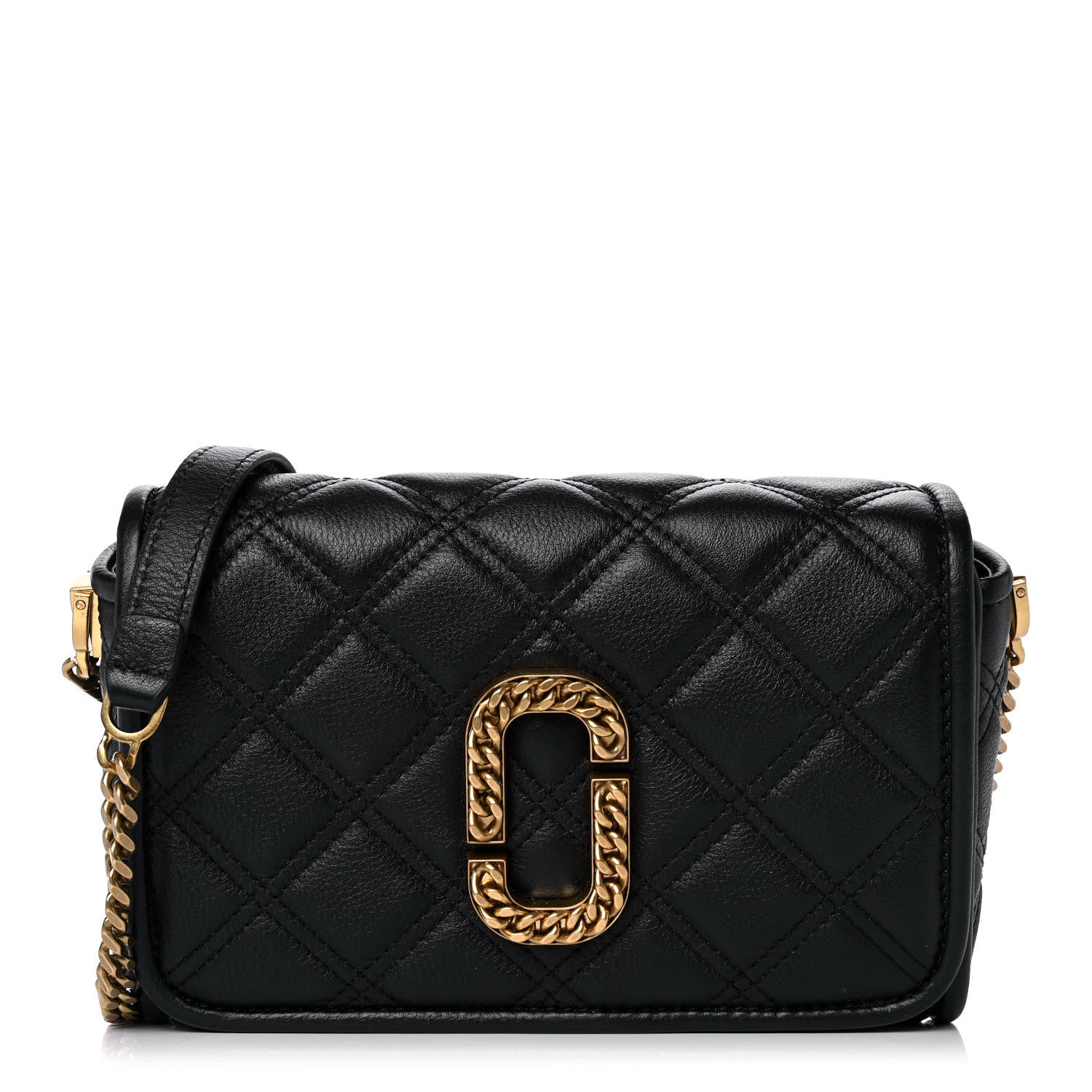 Marc Jacobs Grained Calfskin Quilted Double Stitched The Status Flap Crossbody Bag Black 1 of 12