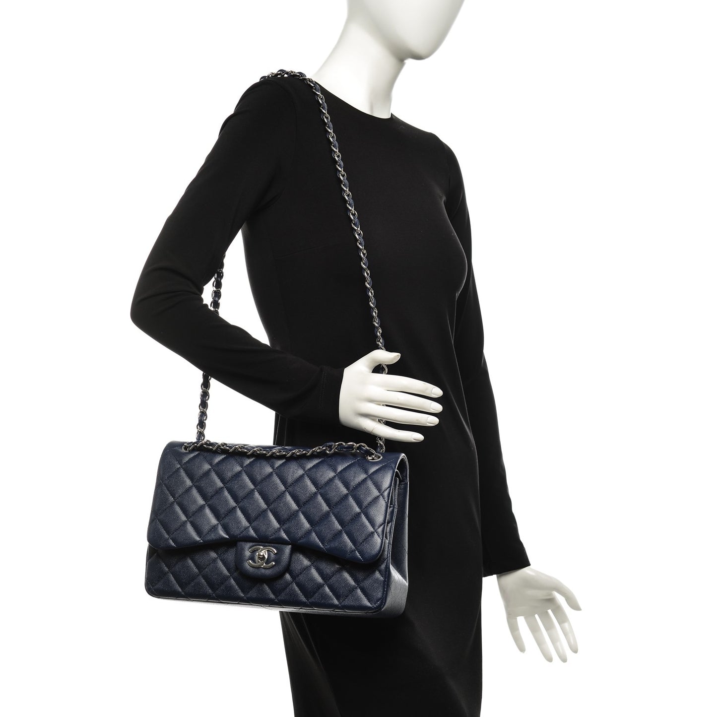 Caviar Quilted Jumbo Double Flap Navy Blue