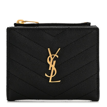 Saint Laurent Grain De Poudre Matelasse Chevron Monogram Zipped Card Case Black 1 of 13
