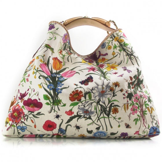 Canvas Flora Floral Large Horsebit Chain Hobo White