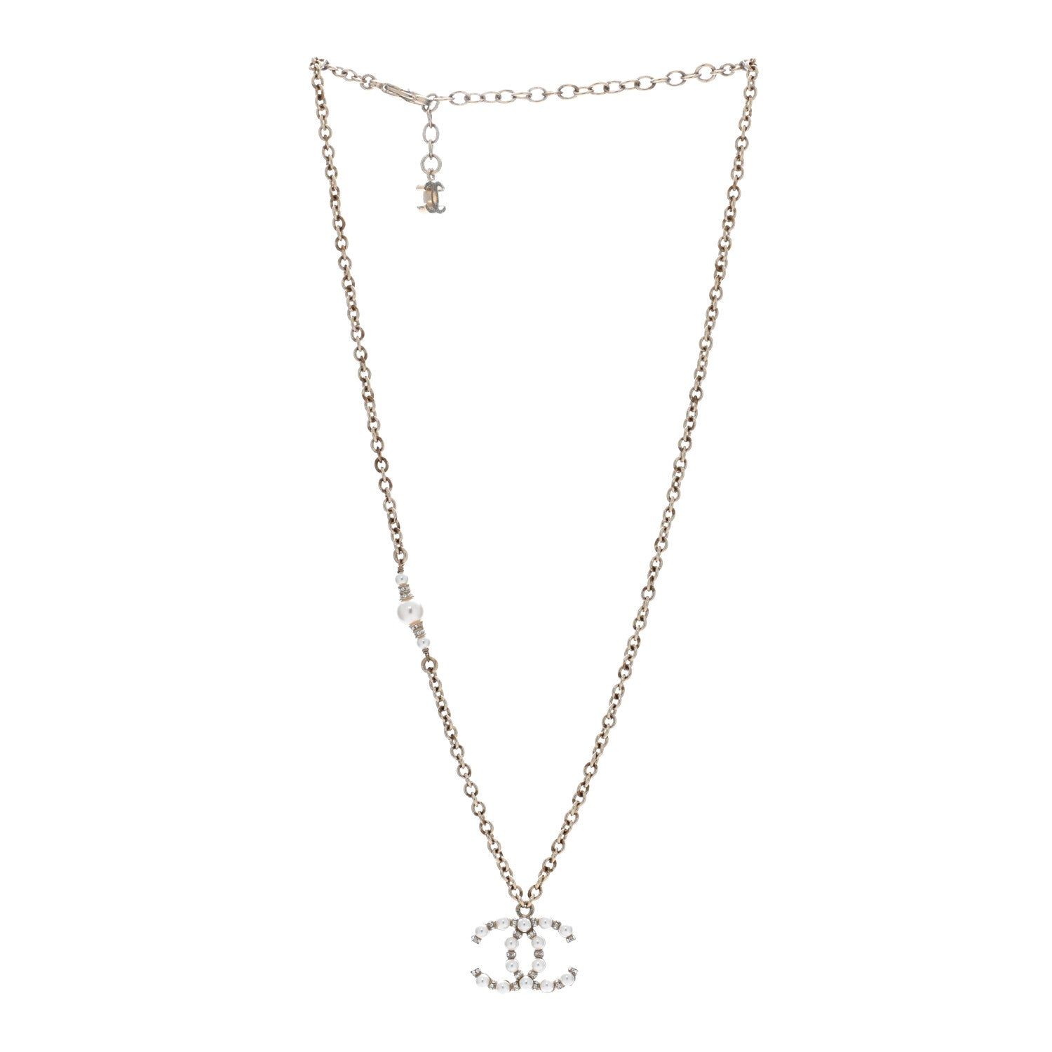 Chanel Metal Pearl Crystal CC Textured Pendant Necklace Gold 2 of 4