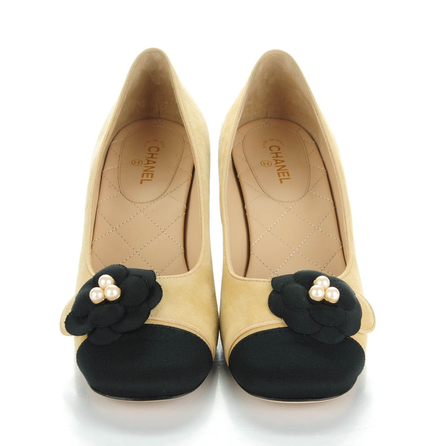 Chanel Suede Grosgrain Pearl Camellia Cap Toe Pumps 37.5 Beige Black 2 of 8