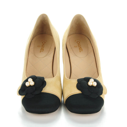 Chanel Suede Grosgrain Pearl Camellia Cap Toe Pumps 37.5 Beige Black 2 of 8