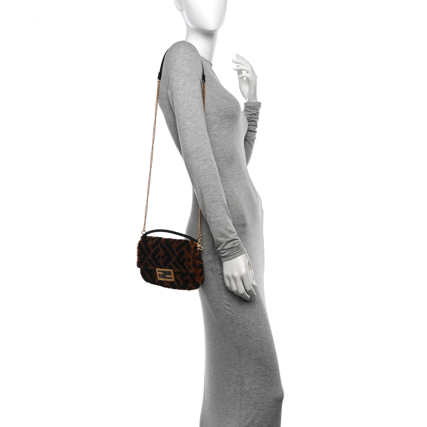 Fendi Shearling Vitello Dolce Macro FF 1974 Mini Baguette Tobacco Black 2 of 11