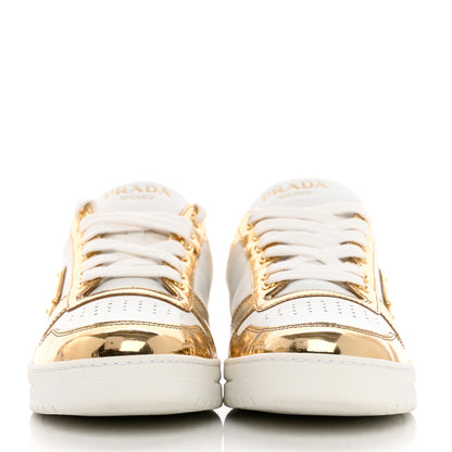Prada Vitello Metallic Calfskin Metal Triangle Logo Womens Downtown Low Top 30mm Sneakers 41 White Platino 2 of 12