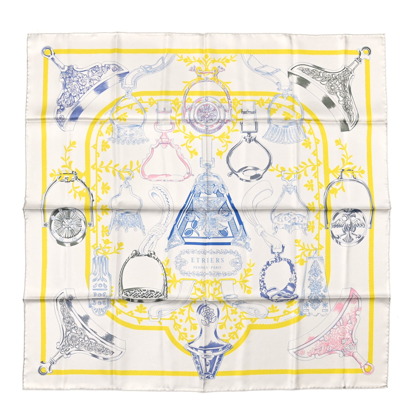 Silk Etriers Scarf 90 Argent Jaune Encre