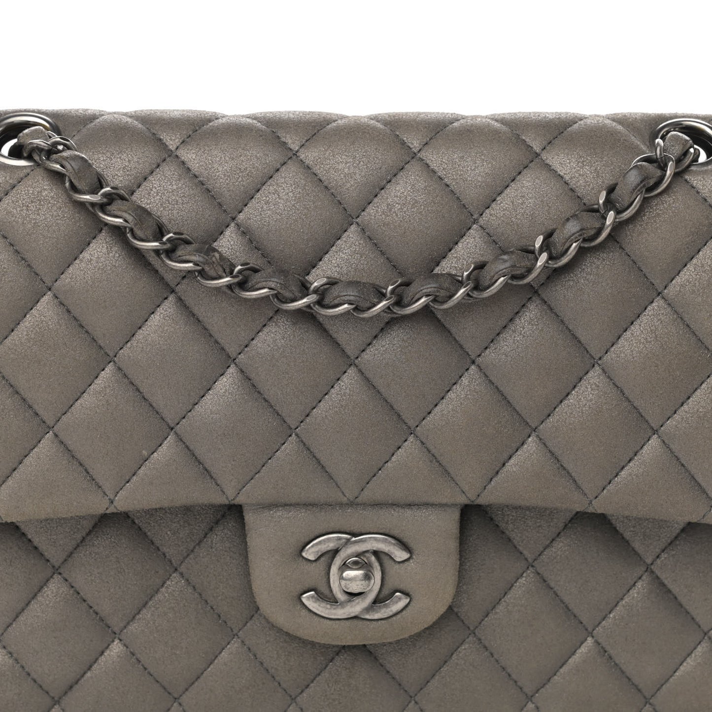 Metallic Lambskin Quilted Medium Double Flap Pewter