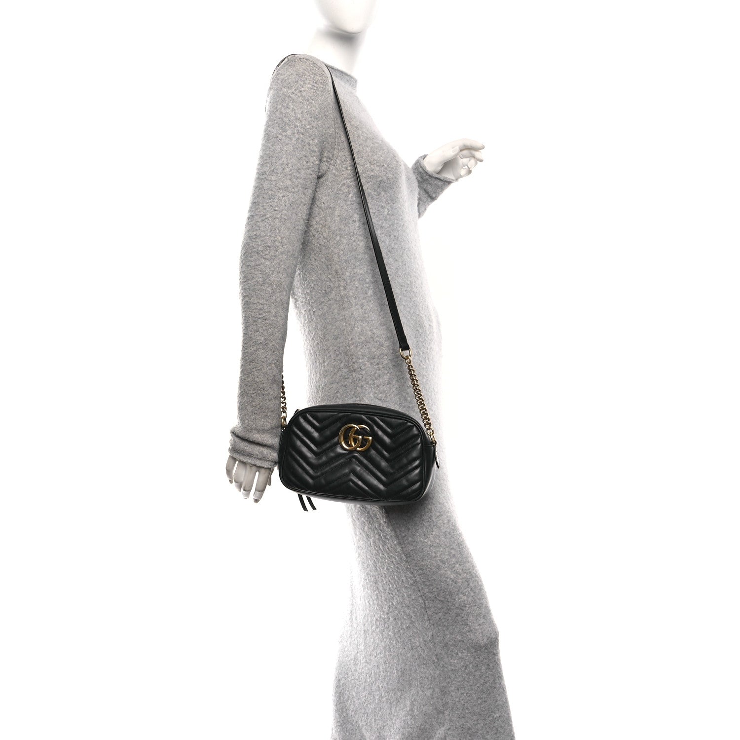 Gucci Calfskin Matelasse Small GG Marmont Chain Shoulder Bag Black 2 of 13