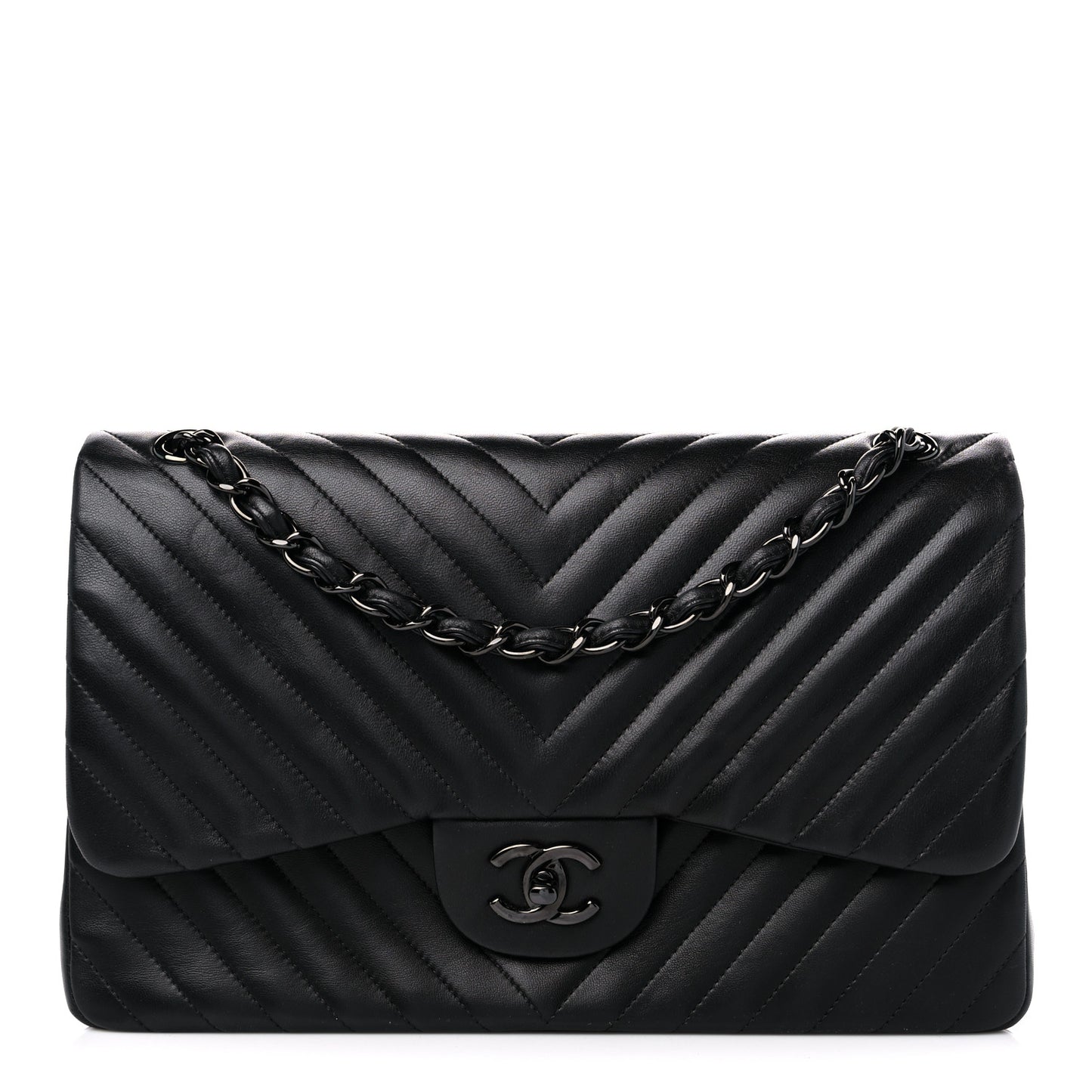 Lambskin Chevron Quilted Jumbo Double Flap So Black