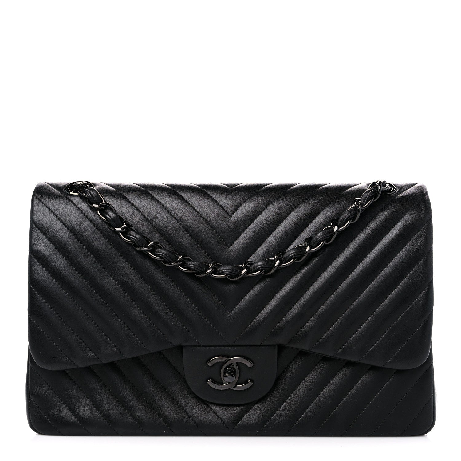 Chanel Lambskin Chevron Quilted Jumbo Double Flap So Black 1 of 10