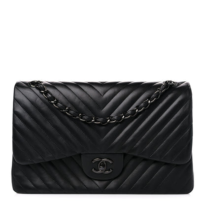 Chanel Lambskin Chevron Quilted Jumbo Double Flap So Black 1 of 10