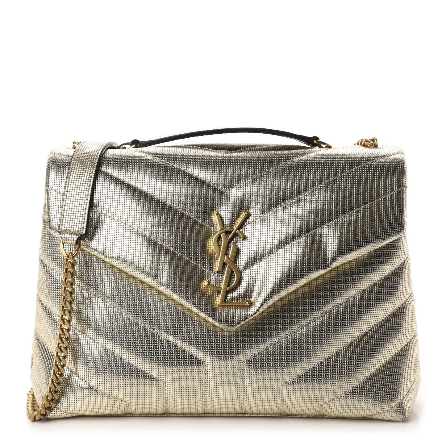 Metallic Calfskin Y Quilted Small Loulou Monogram Chain Satchel Platino