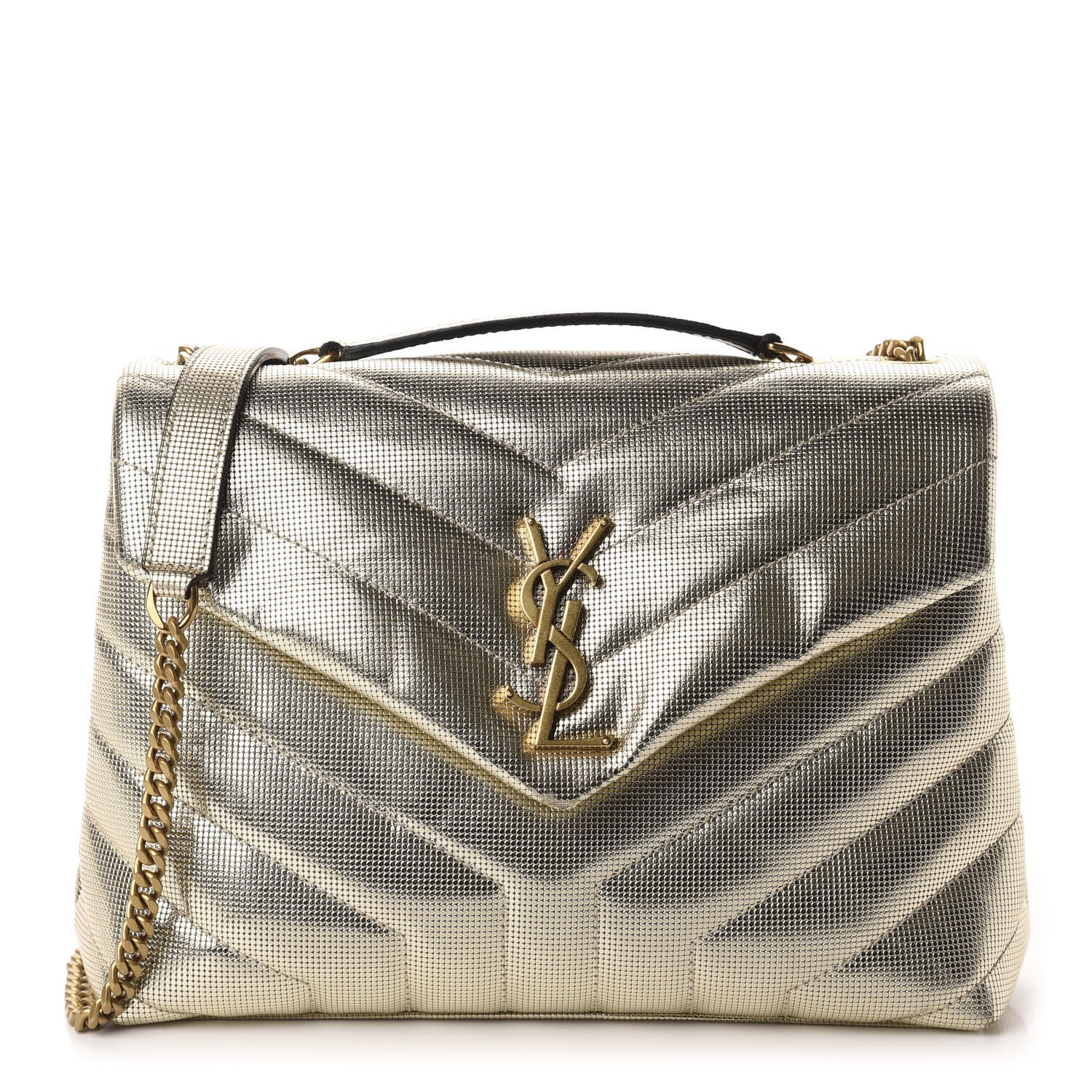 Saint Laurent Metallic Calfskin Y Quilted Small Loulou Monogram Chain Satchel Platino 1 of 10