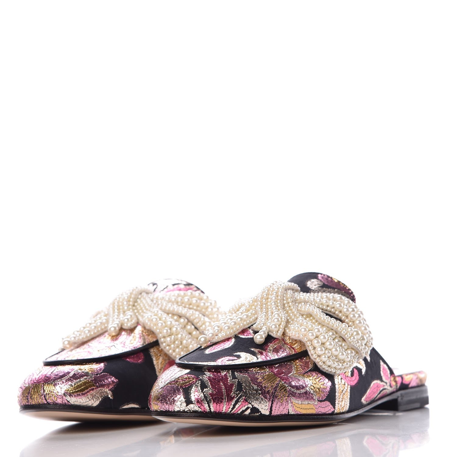 Gucci Iridescent Brocade Pearl Bow Womens Princetown Slippers 35.5 Black Pink 3 of 9