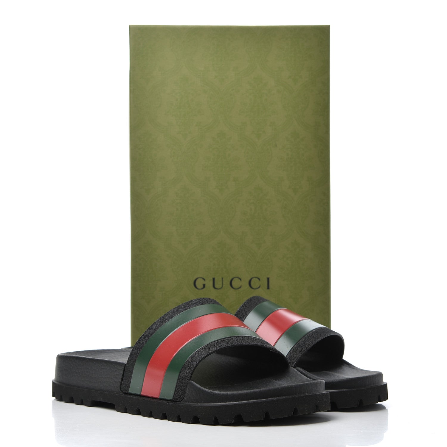 Gucci Rubber Web Mens Lug Sole Slide Sandals 9 Black Green Red 13 of 13