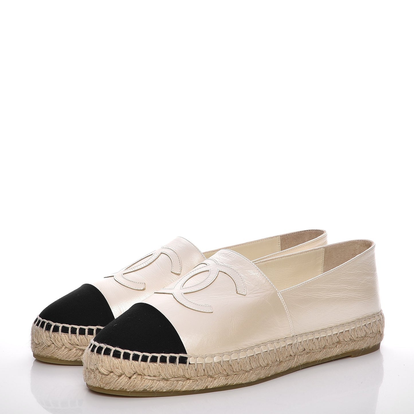 Metallic Calfskin Grosgrain CC Espadrilles 39 Ivory Black
