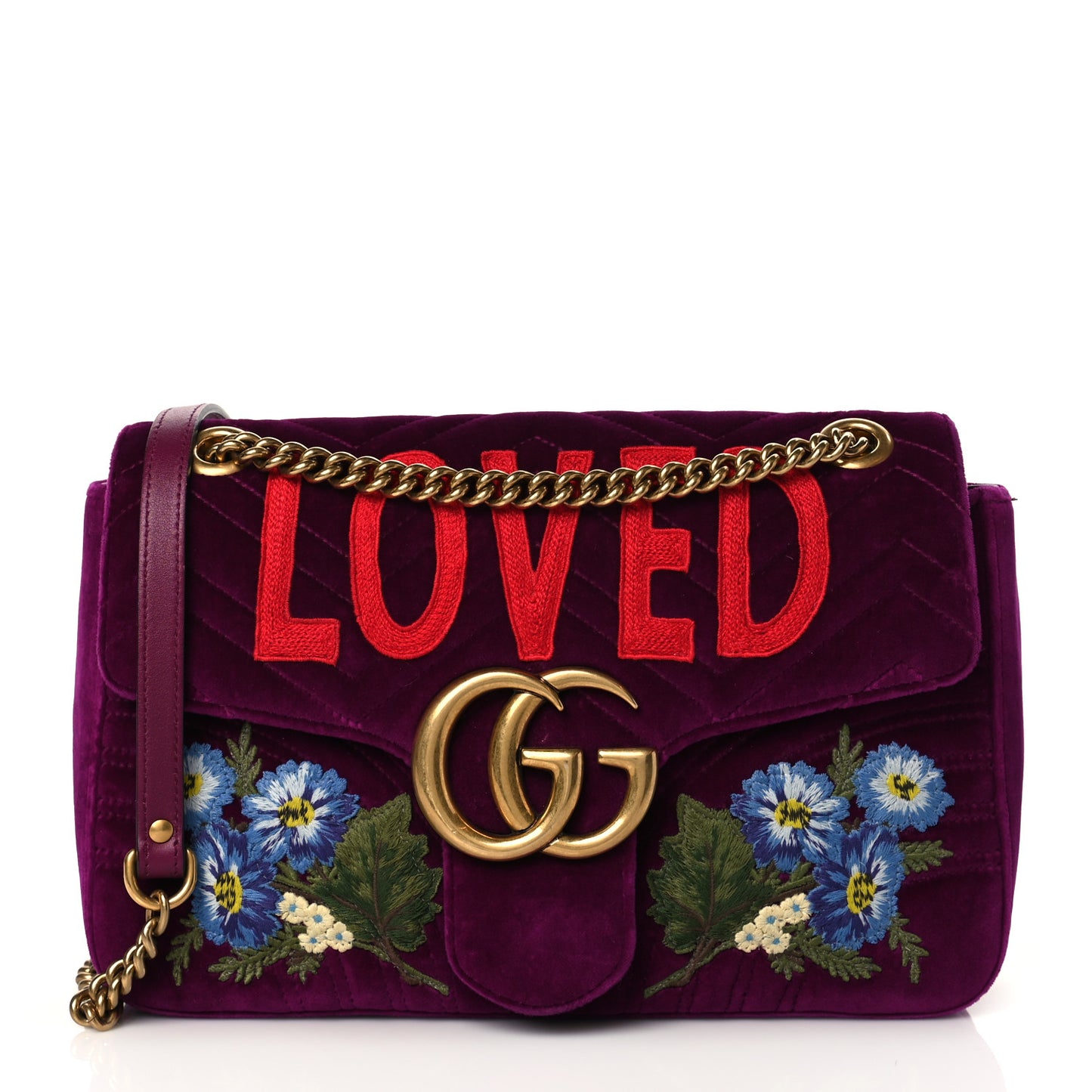 Velvet Matelasse Loved Embroidered Medium GG Marmont Shoulder Bag Fuchsia Violet Cyclamen
