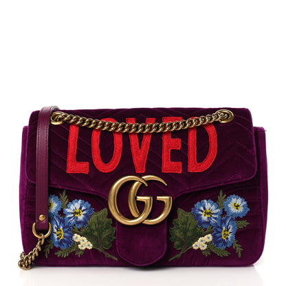 Gucci Velvet Matelasse Loved Embroidered Medium GG Marmont Shoulder Bag Fuchsia Violet Cyclamen 1 of 10