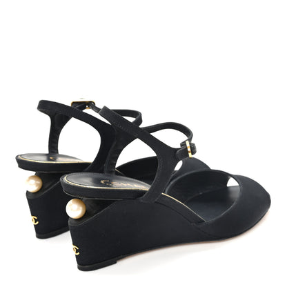 Chanel Grosgrain Pearl CC Wedge Sandals 38 Black 7 of 9