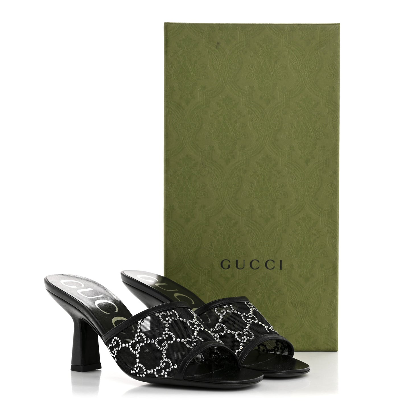 Tela Retino Kid Scamosciato Crystal GG Monogram Square Demi Mule Sandals 35.5 Black