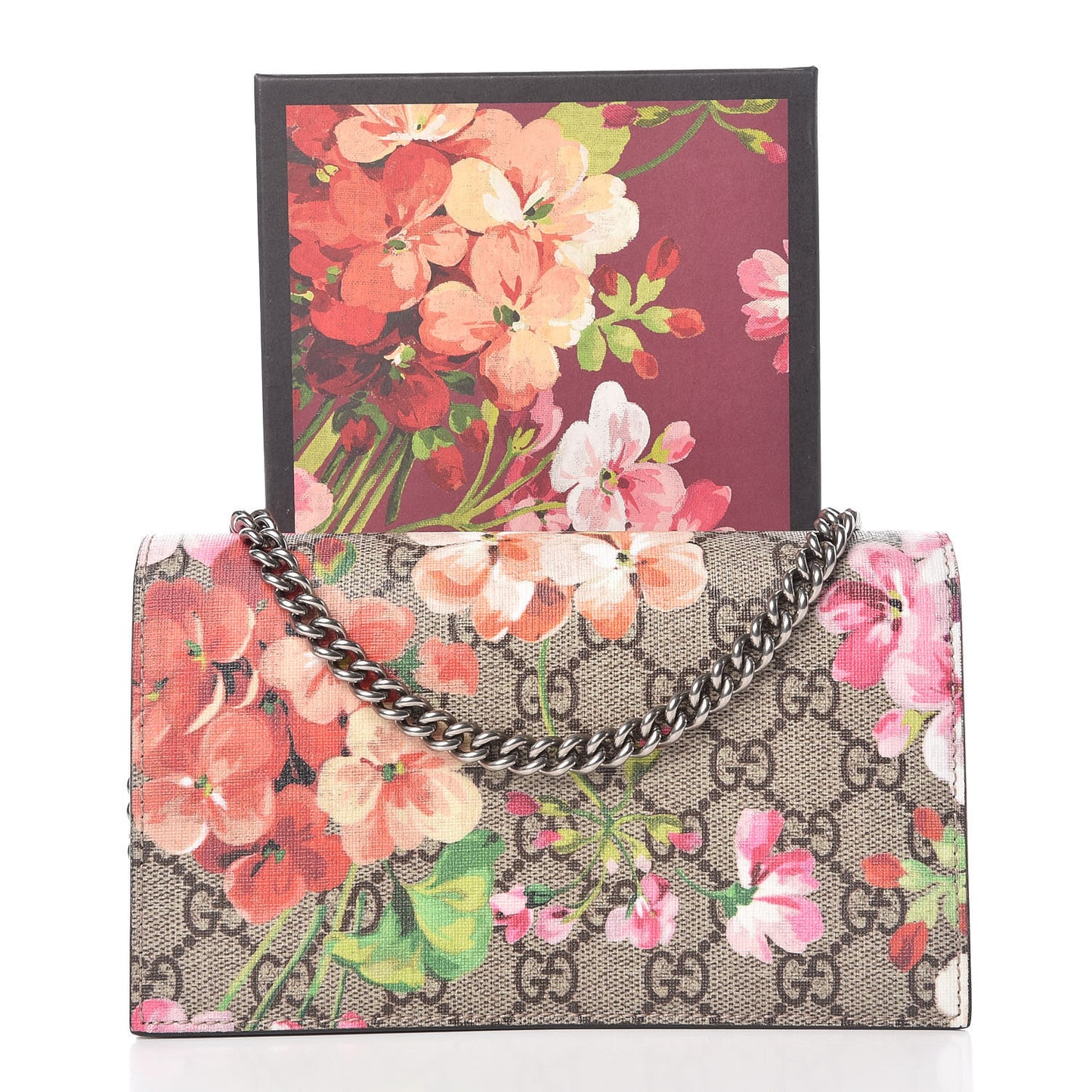 GG Supreme Monogram Blooms Chain Wallet Beige Multicolor Dry Rose