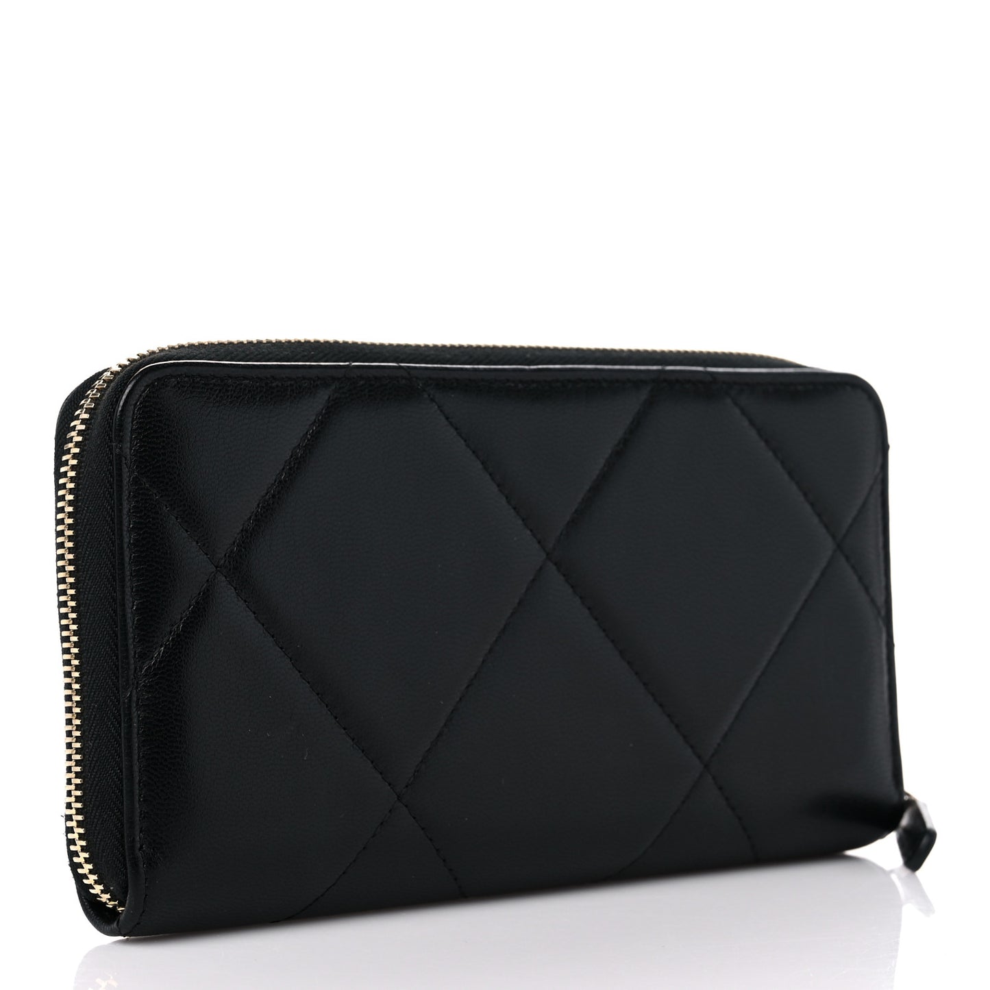 Shiny Goatskin Quilted Chanel 19 Long Zipped Around Wallet Black
