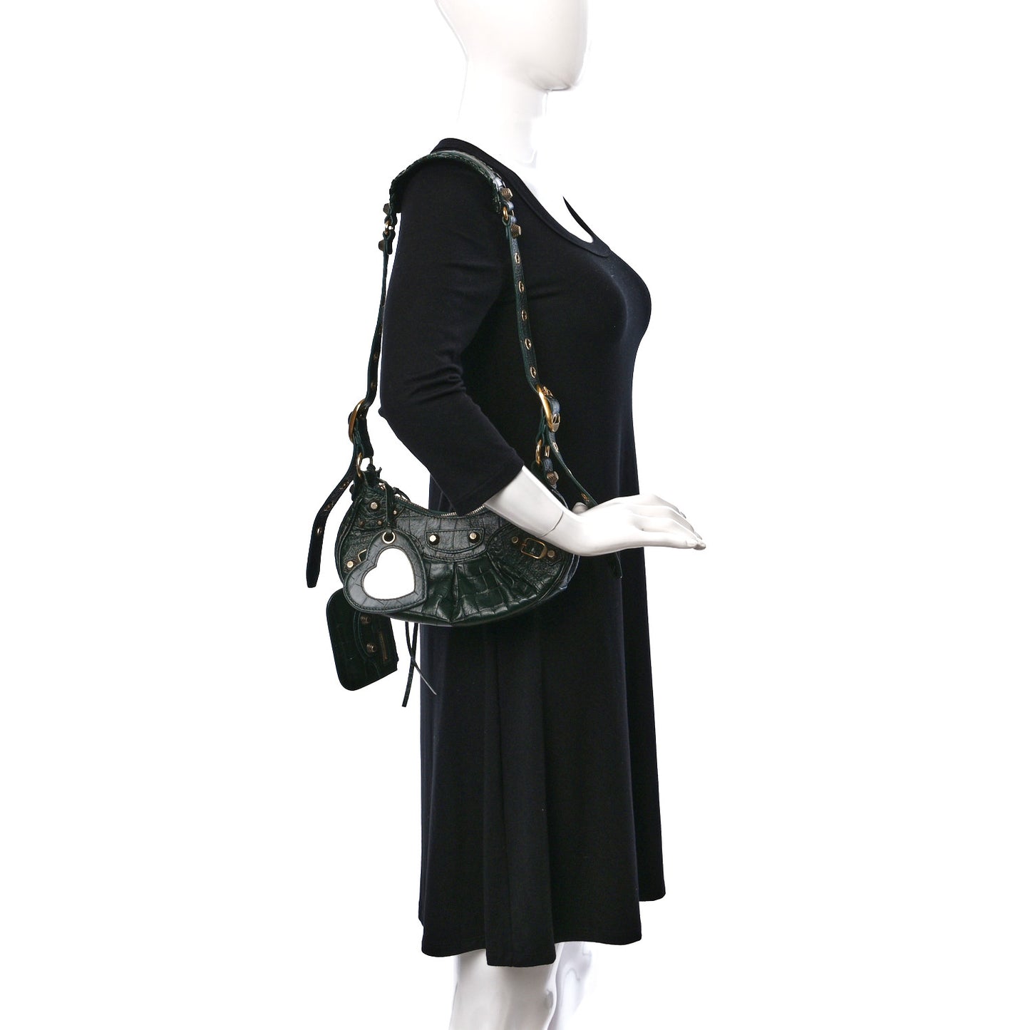 Extra Supple Calfskin Crocodile Embossed Le Cagole Shoulder Bag XS Forest Green