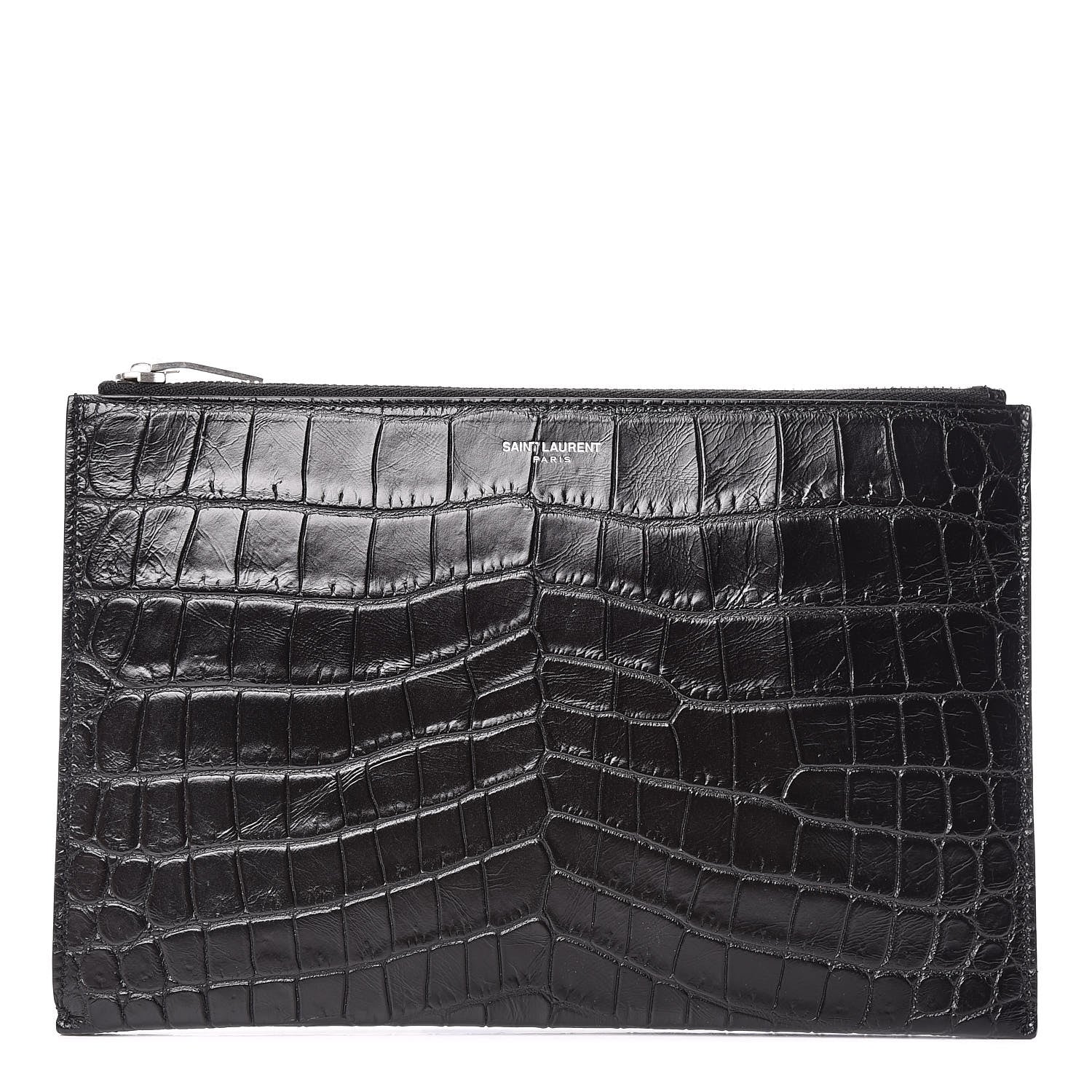 Saint Laurent Calfskin Crocodile Embossed Zip Mini Tablet Sleeve Black 1 of 7