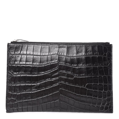 Saint Laurent Calfskin Crocodile Embossed Zip Mini Tablet Sleeve Black 1 of 7