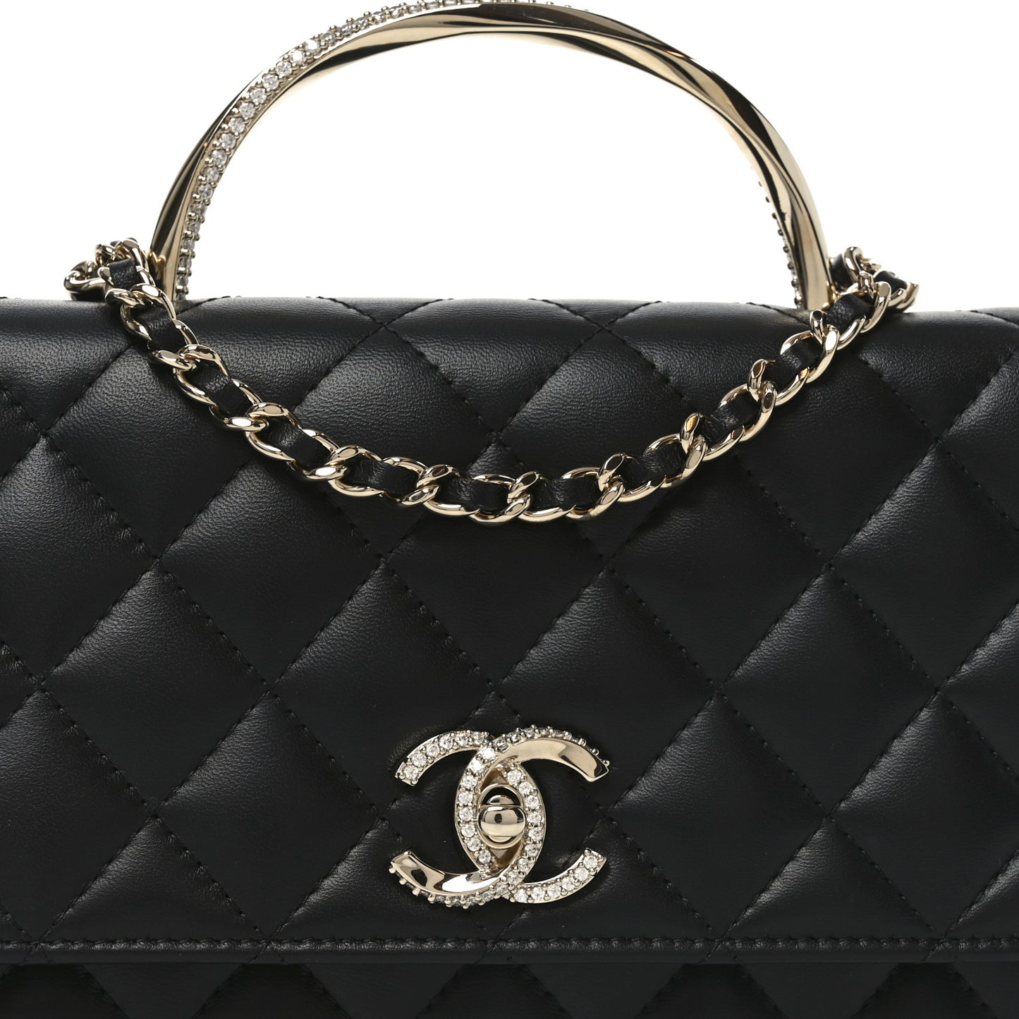 Lambskin Quilted Crystal Handle Wallet On Chain WOC Black